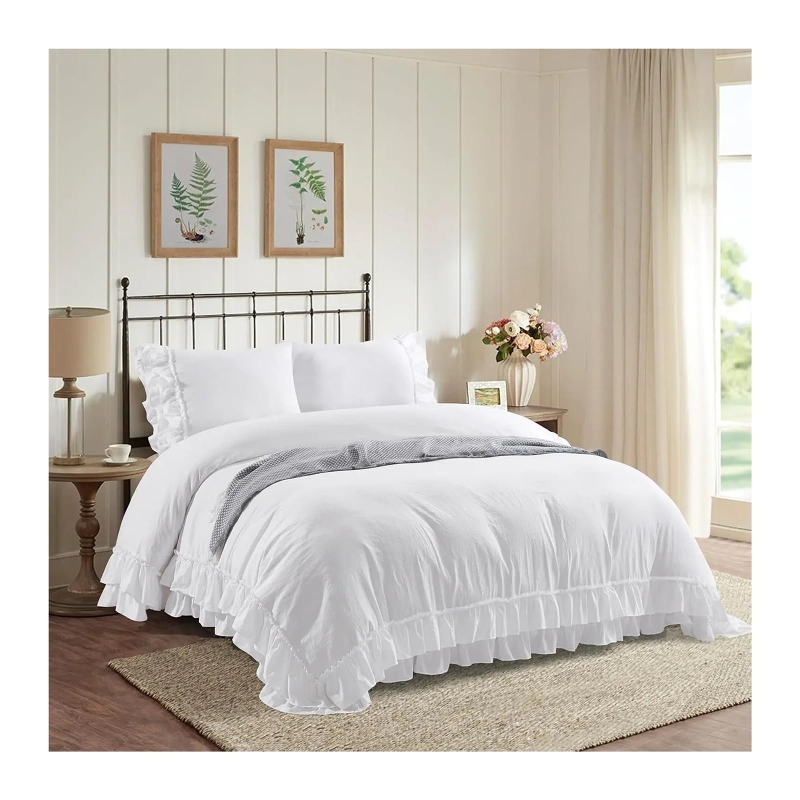 ZHSOAO 3 Piece Ruffled Duvet Cover Set Queen,Ruffle Comforter,Cozy Bedding 1 2 Pillowcases for Bed(Beige)