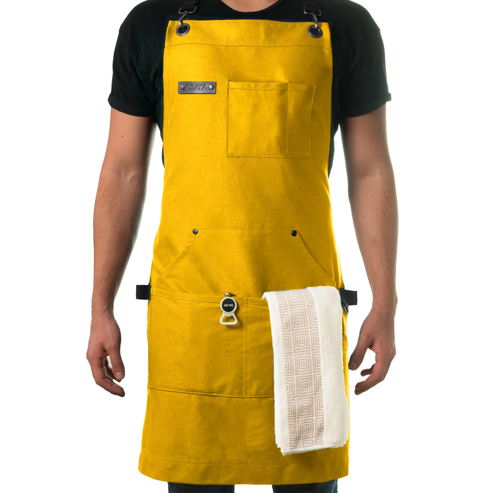 Asaya Delantal de chef y barbacoa con abrebotellas y toalla de mano, lona de algodón de 10 onzas, herrajes de acero inoxidable, correas cruzadas en la espalda, Amarillo, One size fits most