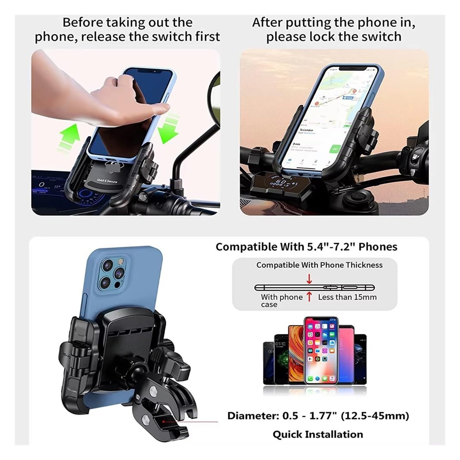 Generico Porta Telefono Moto Supporto Telefono Scooter Bicicletta ATV Moto Supporto Navigatore GPS