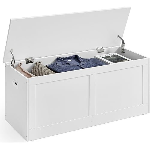 VASAGLE Storage Chest, Storage Trunk with 2 Safety Hinges, Storage Bench, Shoe Bench, Farmhouse Style, 15.7 x 39.4 x 18.3 Inches, for Entryway, Bedroom, Living Room, Cloud White ULSB164W01