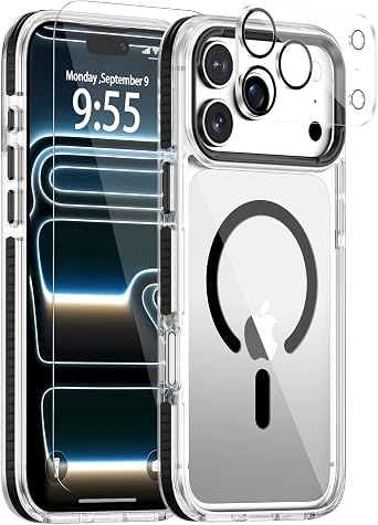 for iPhone 17 Pro Max Clear Case,Compatible with MagSafe,Anti-Yellowing Transparent Phone Case with Black Anti-Slip Bumper,Shockproof Protection,Screen & Lens Protector Cover