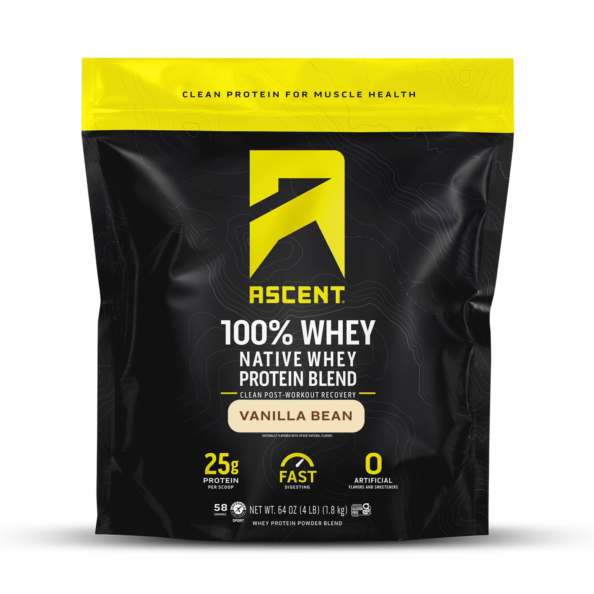 Ascent100% Whey, Native Whey Protein Blend - Clean Post Workout Recovery, Digesting, Zero Artificial Flavors & Sweeteners, Gluten Free, 5.5g BCAA, 2.6g Leucine, Vanilla Bean 4 lb.