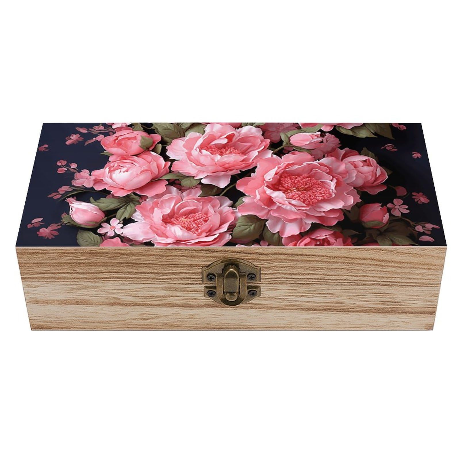JTREHY Wooden Storage Box Container,Peony Flowersprinted Desk Storage Box Room Decoration Box Souvenir Storage Box for Jewelry Gift Storage And Home Decoration