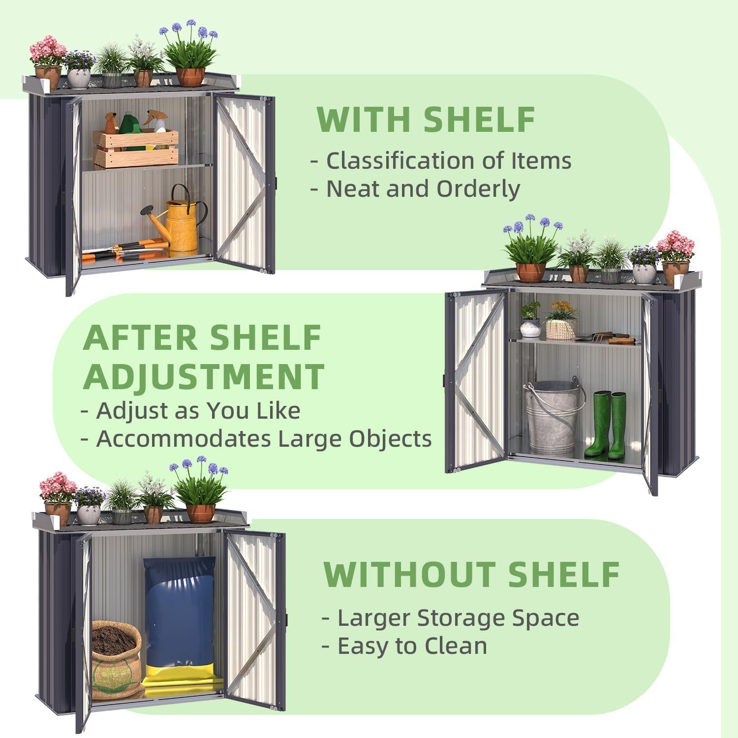 YODOLLA Pflanztisch mit verstellbaren Regalen, 97x34x93cm wetterfester Gartenschrank für den Außenbereich, Metall Gartenaufbewahrung mit Arbeitsplatte, Grau