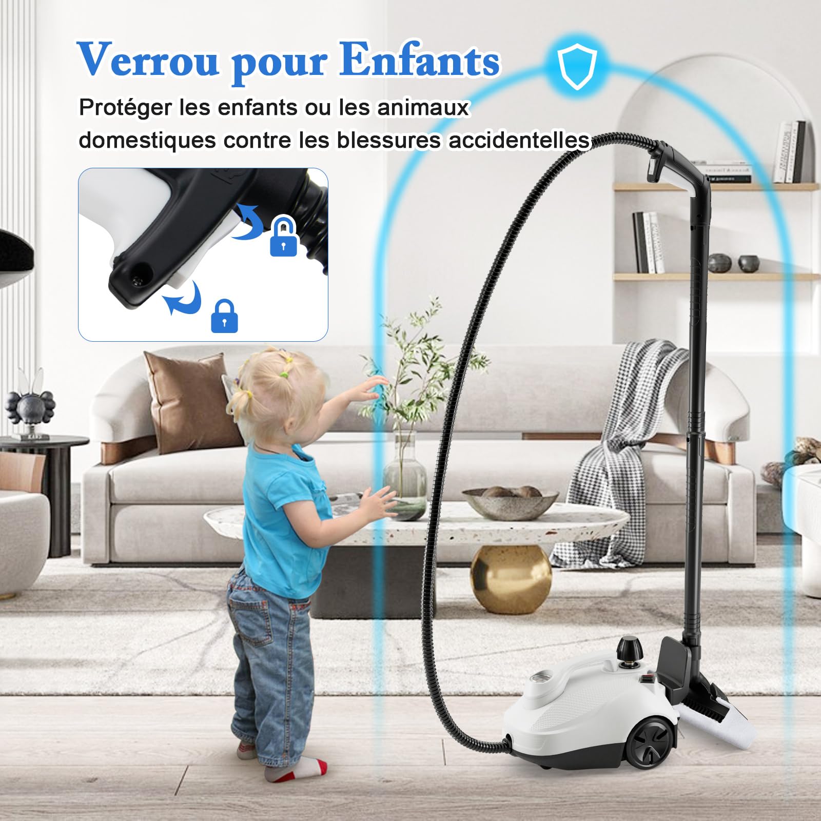 COSTWAY Nettoyeur Vapeur Portable de 2000W Roulante, Machine à Nettoyer à Vapeur Pression Haute de 5 Bars avec Accessoires & Réservoir de 1,8 L, pour Sol Fenêtre Verre Tapis (Blanc)