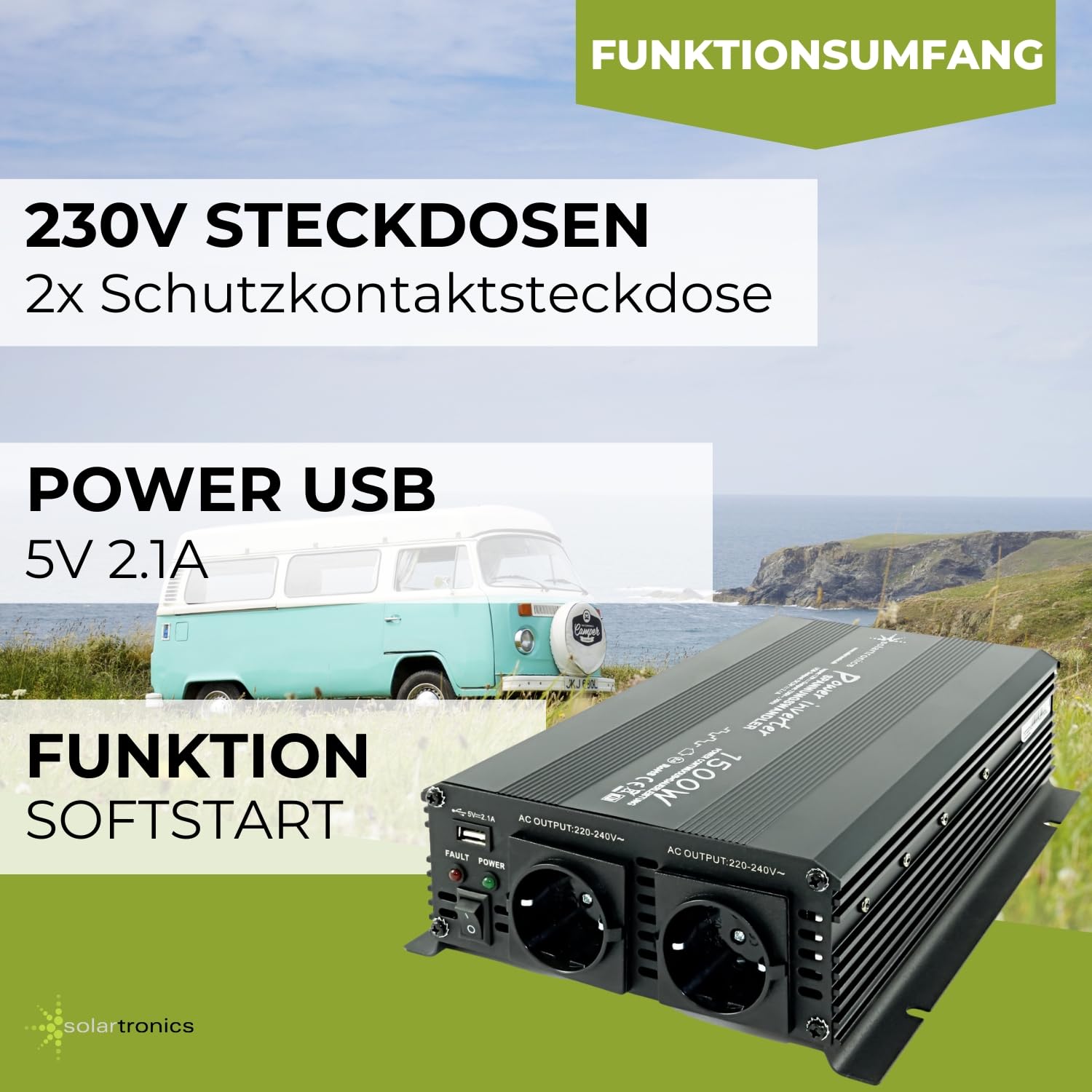SOLARTRONICS Transformador de tensión NM1500 12 V 1500 W Negro – 3000 W de Potencia máxima – inversor de 12 V a 230 V – Batería de Plomo o AGM Compatible – con Conector Schuko y USB