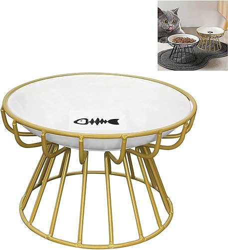 2023 - Placa para gatos anti-vómitos, cuenco elevado de cerámica para gatos con soporte de metal, plato de cerámica poco profundo para alimentos y