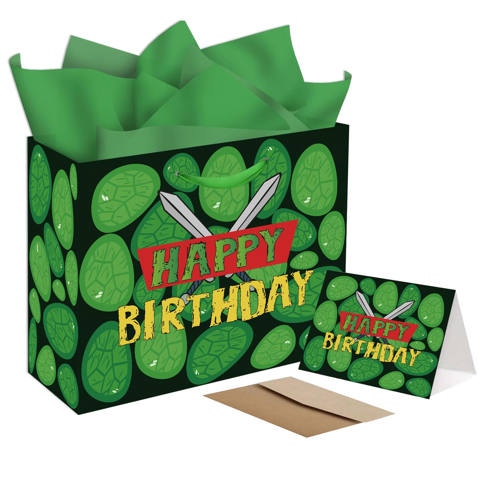 Turtle Gift Bag Set - Large Green Sea Turtle Birthday Bags with Greeting Card & Tissue Paper - Ocean Theme Party Supplies for Kids, Baby Showers &