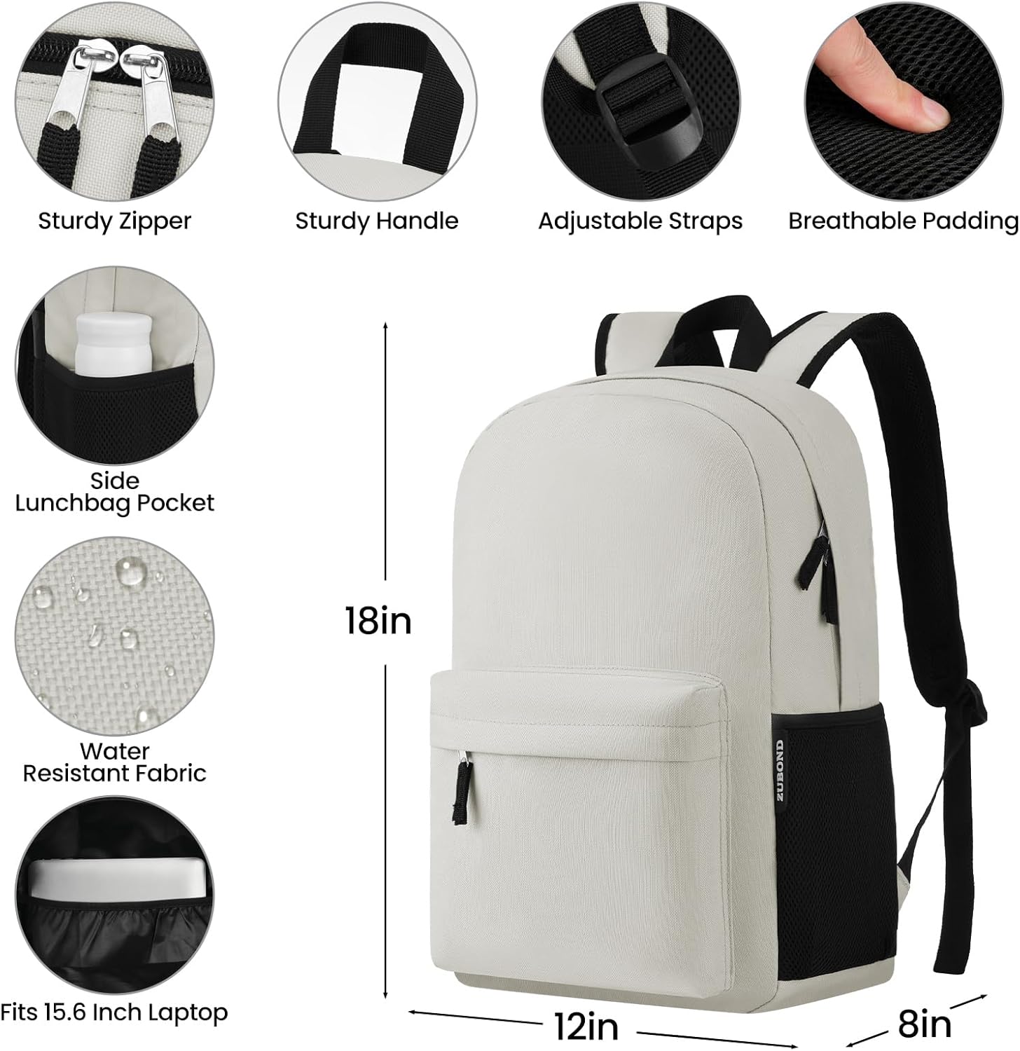 ZUBOND Unisex Backpack for School & Travel - Lightweight Laptop Backpack Fits 15.6 Inch Notebook, Water Bottle Pocket - Ideal for Teens, College Students, Adults