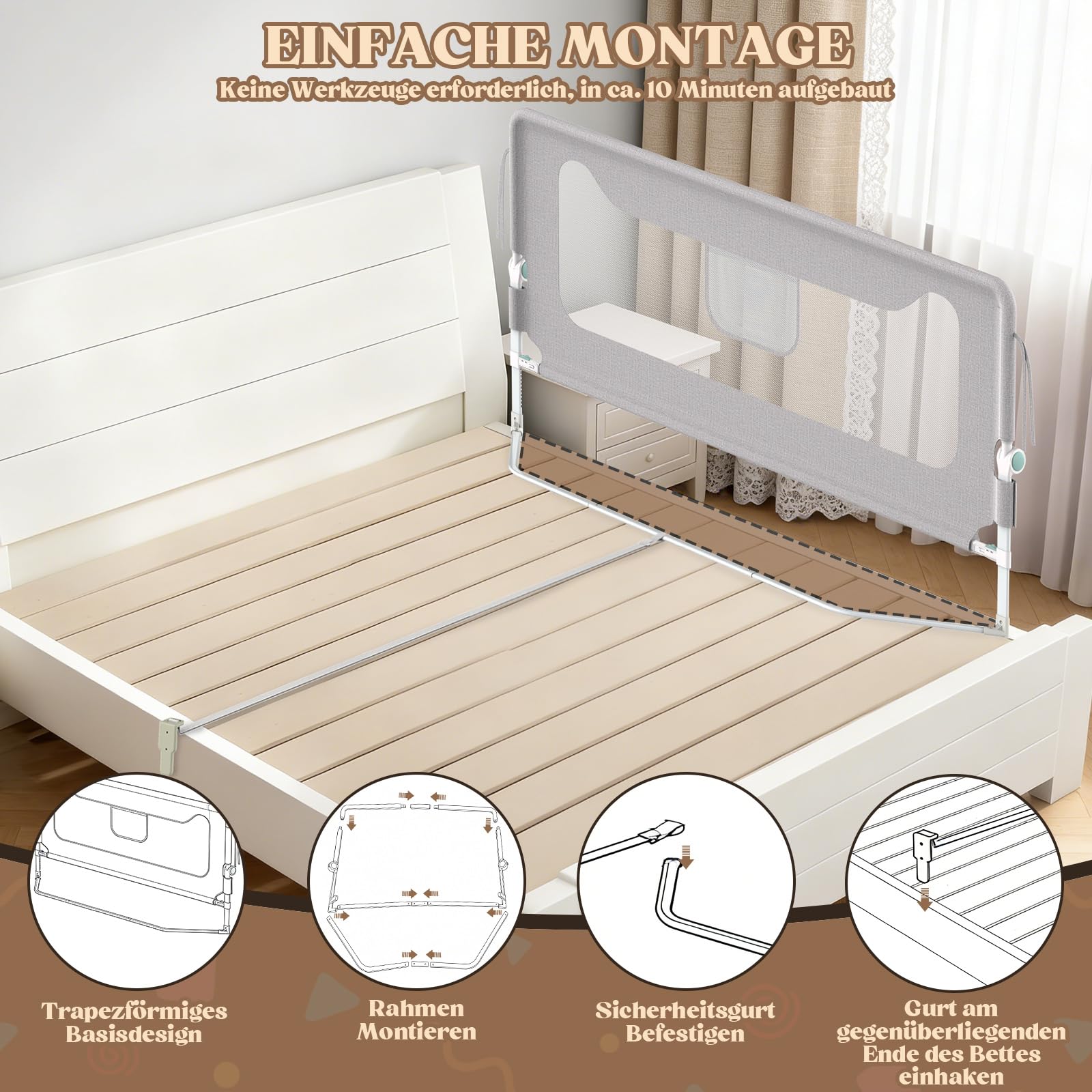 Protezione contro le cadute, letto a molle, 180 cm, griglia di protezione per il letto per neonati e bambini, protezione dalle cadute, pieghevole a 180°, regolabile in altezza, rete traspirante