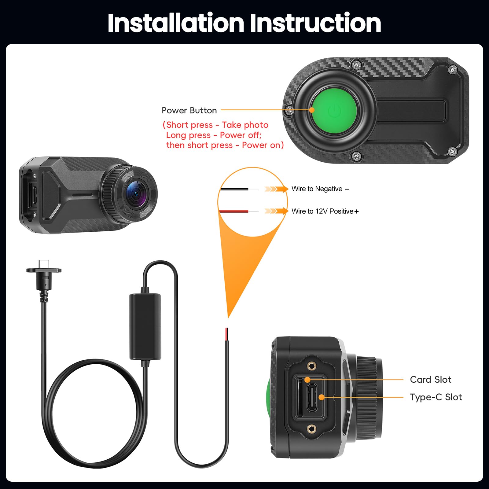 Cámara para Salpicadero de Moto Mini 1080P, Cámara Frontal Resistente al Agua (IP66) sin Pantalla, Gran Angular de 110°, App-WiFi (Alertas con pitido -Encontrar el Coche), Grabación en Bucle