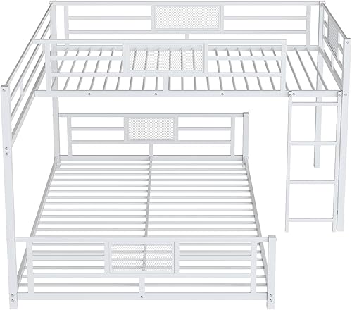Miniatura 67 de Litera en forma de L individual sobre cama matrimonial adjunta, litera triple de metal con escritorio y tobogán integrados, marco de literas de