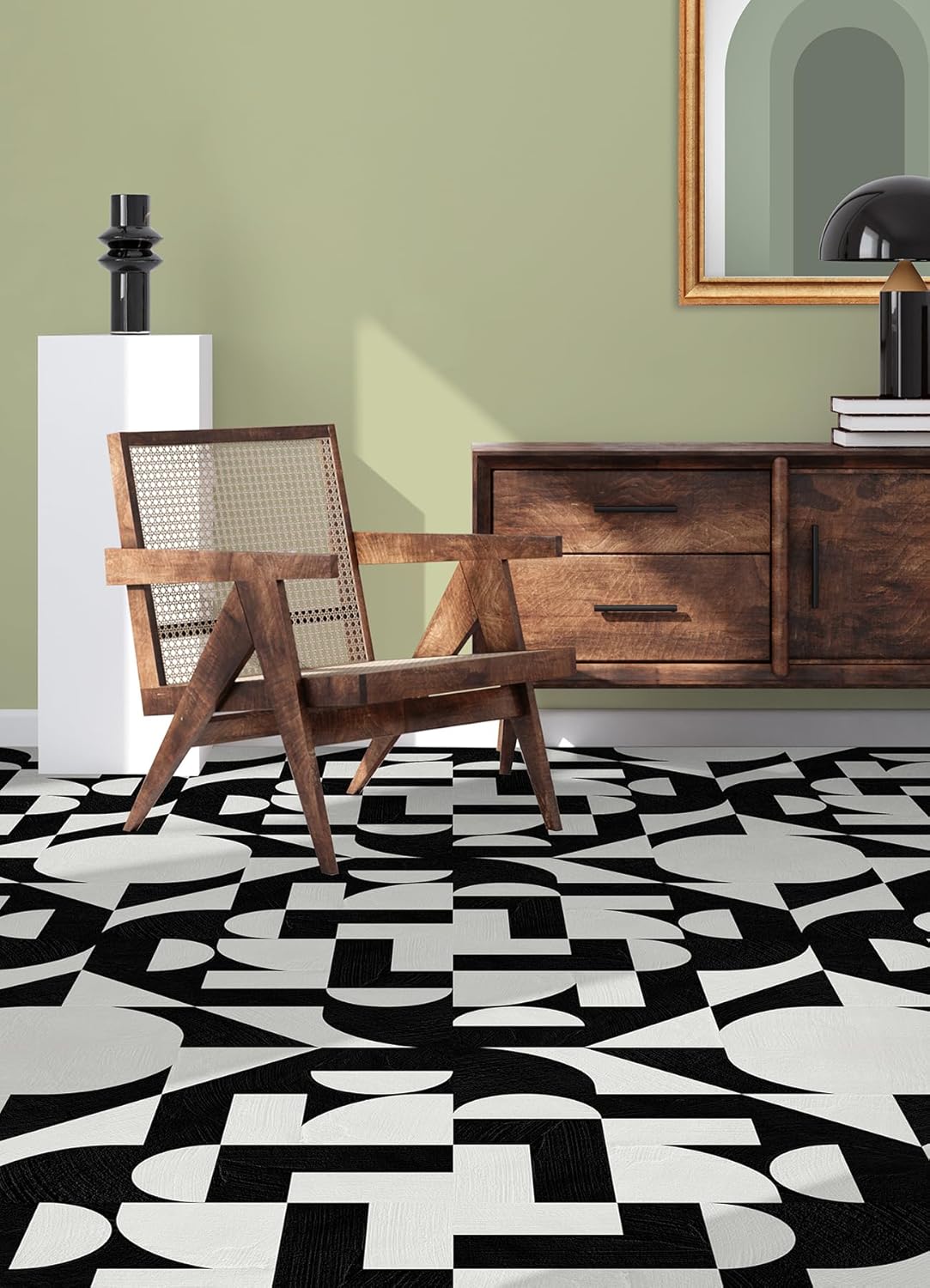 FloorPops x Very Gay Paint Gia Metric Black and White Peel and Stick Floor Tiles, Geometric Vinyl Floor Tiles, Water Resistant, 12 in x 12 in, Pack of 10