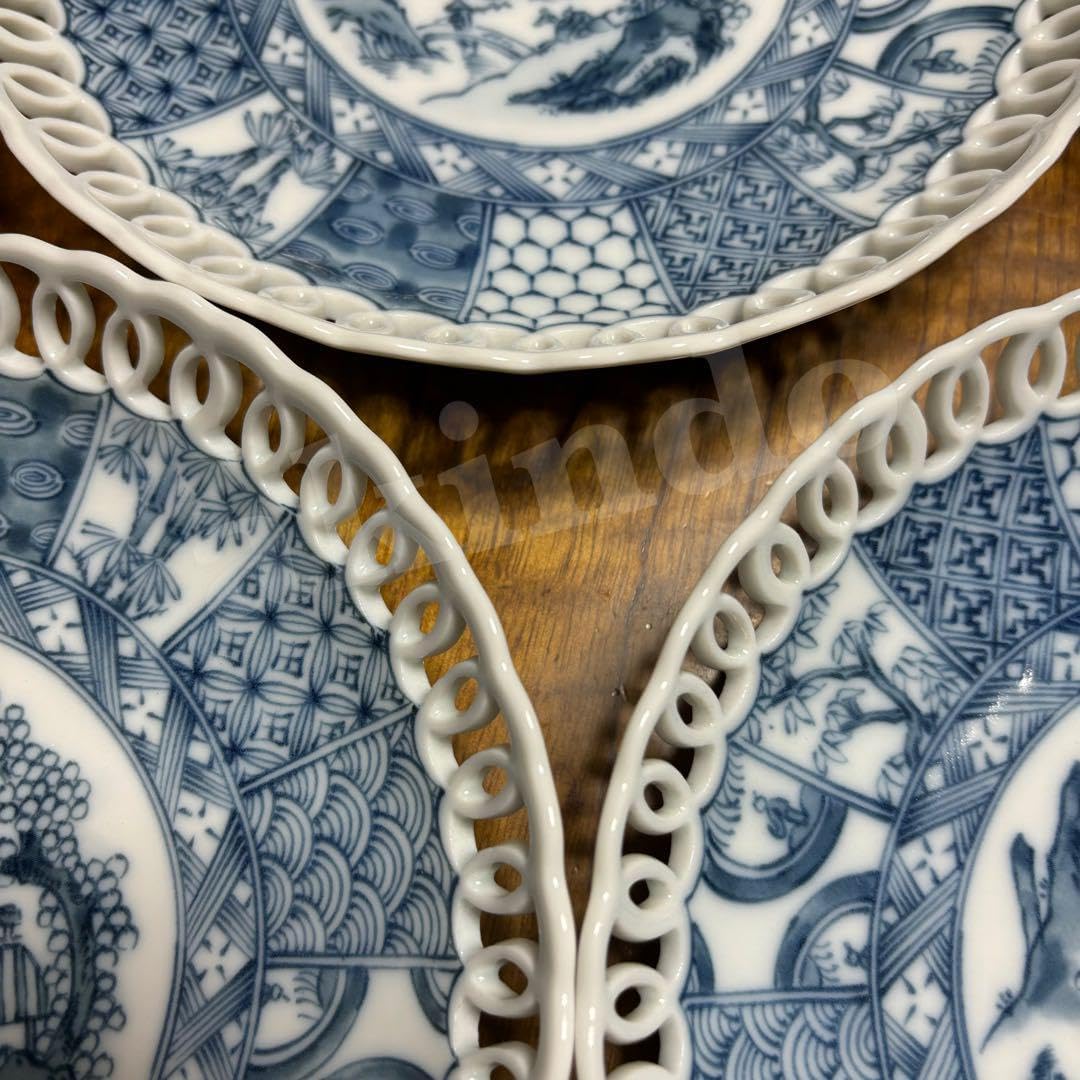 美濃焼 龍峰窯 染付 祥瑞丸紋透かし和皿揃 三洋陶器