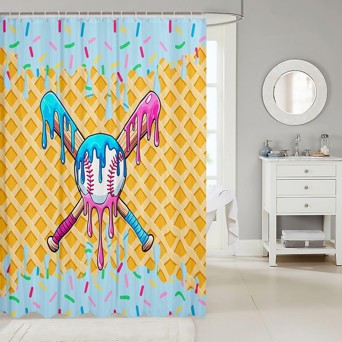 Erosebridal Ice Cream Baseball Bath Curtain 72" W X 72" L for Kids Girl Boy