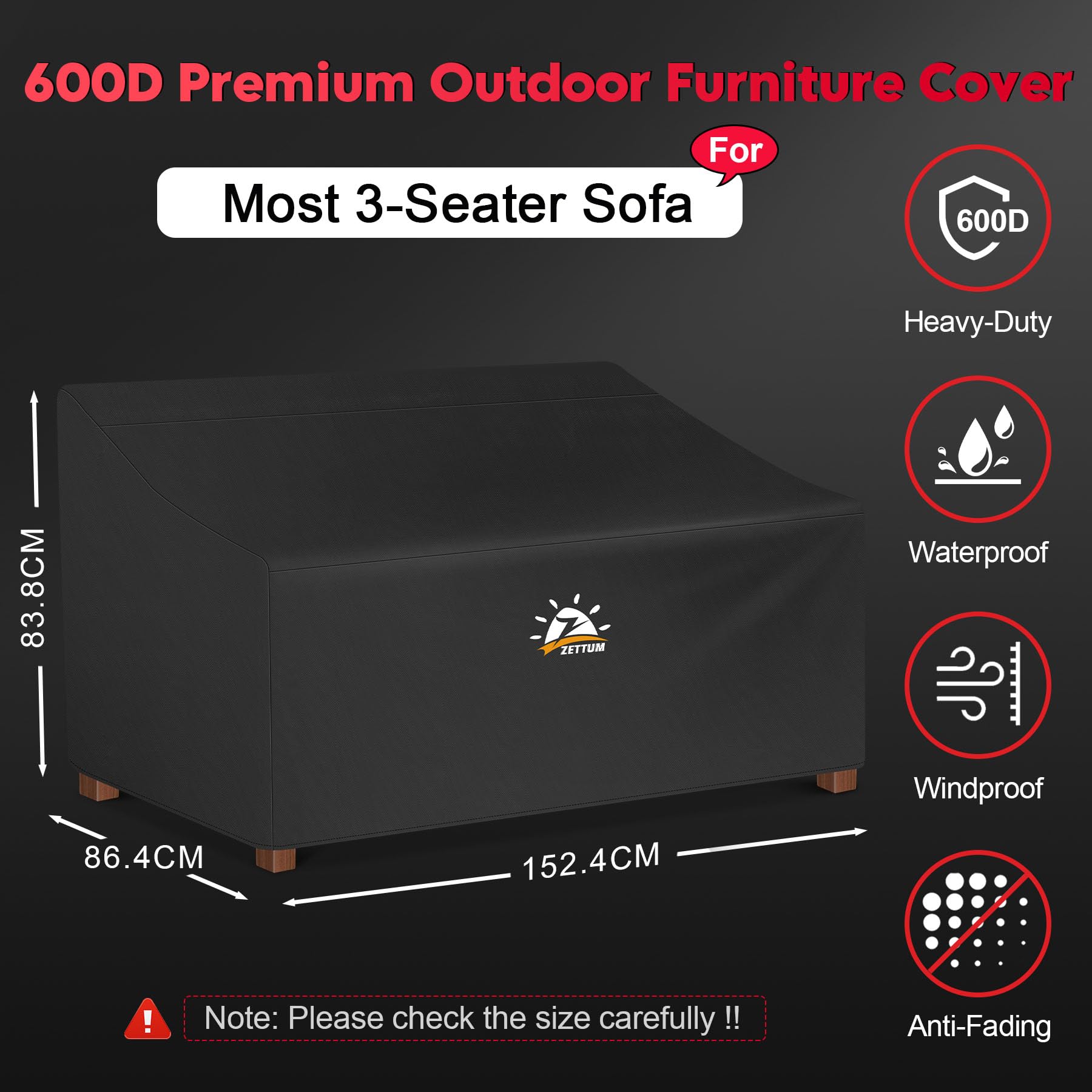 Zettum 152x86x84cm Garden Bench Covers Waterproof 2-3 Seater Heavy Duty 600D Oxford Fabric Bench Covers Waterproof 3 Seater for Bench Seat Love Seat - Image 2