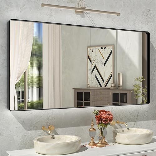 Espejo rectangular negro de 60 x 28 pulgadas, espejo grande de tocador de baño negro mate, espejo de esquina redonda con marco de metal negro para