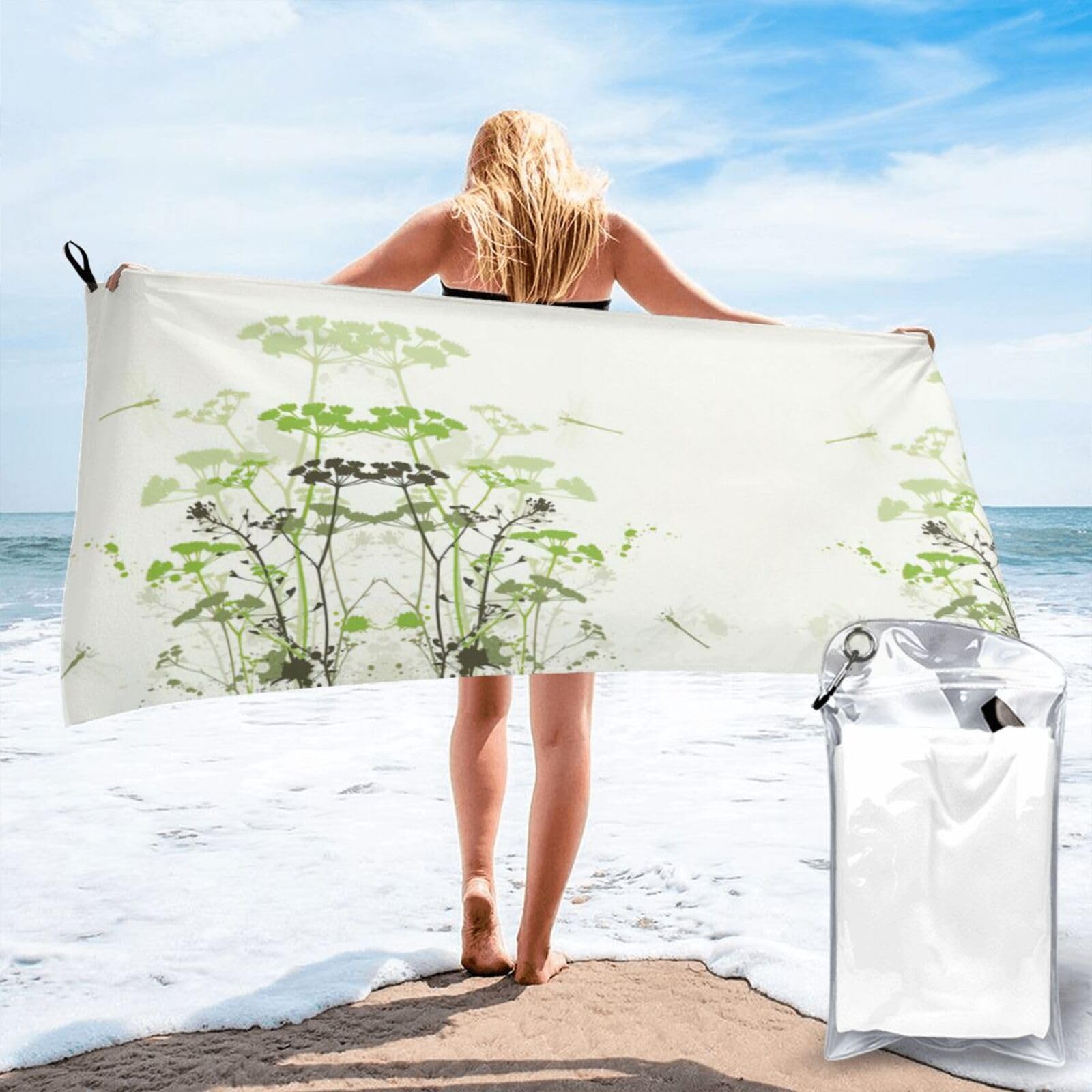FHIZOAL Foliage And Herbs With Dragonflies Winged Quick Dry Towel Microfibre Towel Super Absorbent Ultra Compact Gym Sports Beach Camping Travel