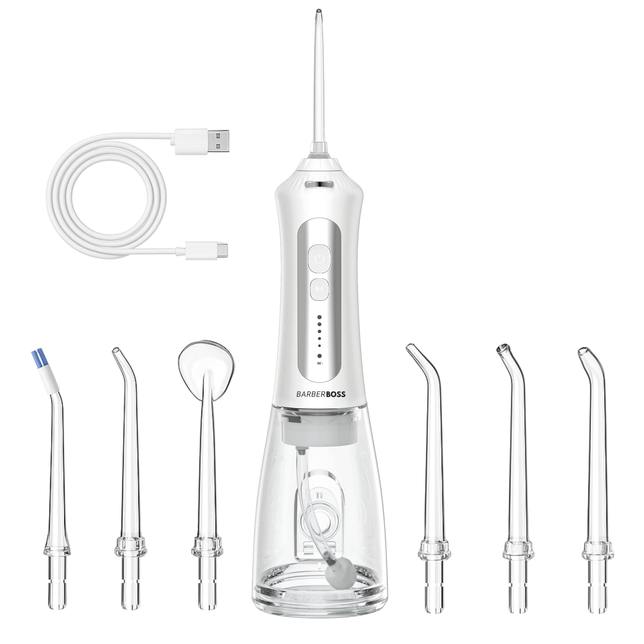 Barberboss Idropulsore portatile per denti, irrigatore orale ricaricabile, kit filo interdentale con 5 impostazioni di pressione, 5 ugelli intercambiabili, serbatoio dell'acqua da 300 ml e design
