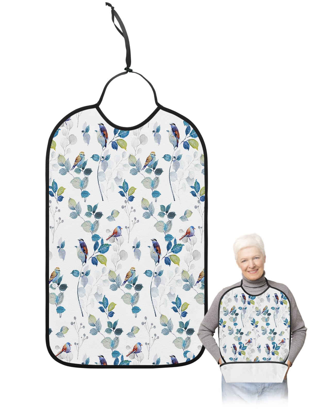 LEOKOTI Pastoral Birds Adult Bibs for Eating, Waterproof Bibs with Food Catcher & Adjustable Snap Closure, Watercolor Blue Teal Botanical Washable Clothing Protectors Adult Bibs for Elderly Women/Men