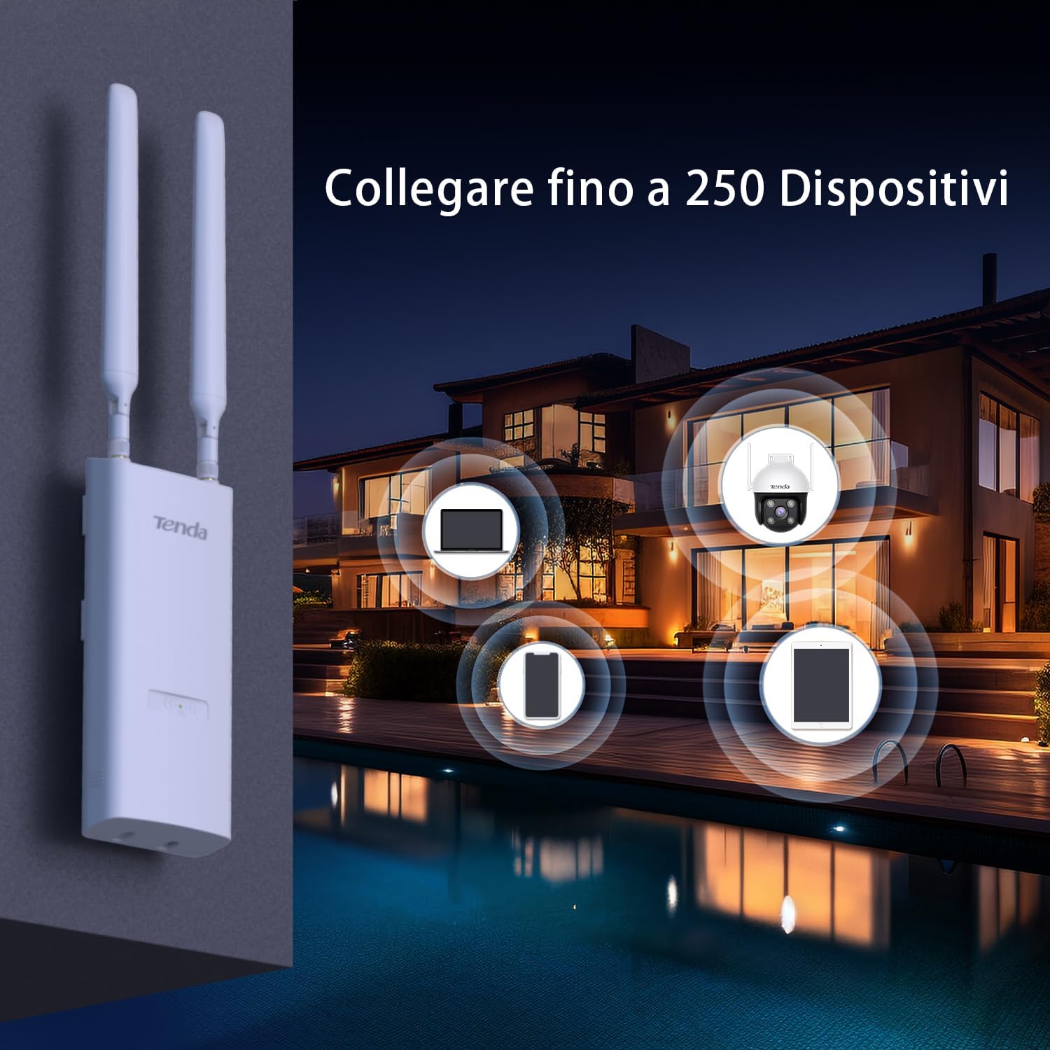 Tenda OAP1200 Access Point Esterno AC1200 Doppia Banda, Indoor/Outdoor Access Point 1200Mbps, IP65, MU-MIMO, OFDMA, Roaming Senza Interruzioni, Fino a 256 Dispositivi, PoE 802.3af & Passive PoE