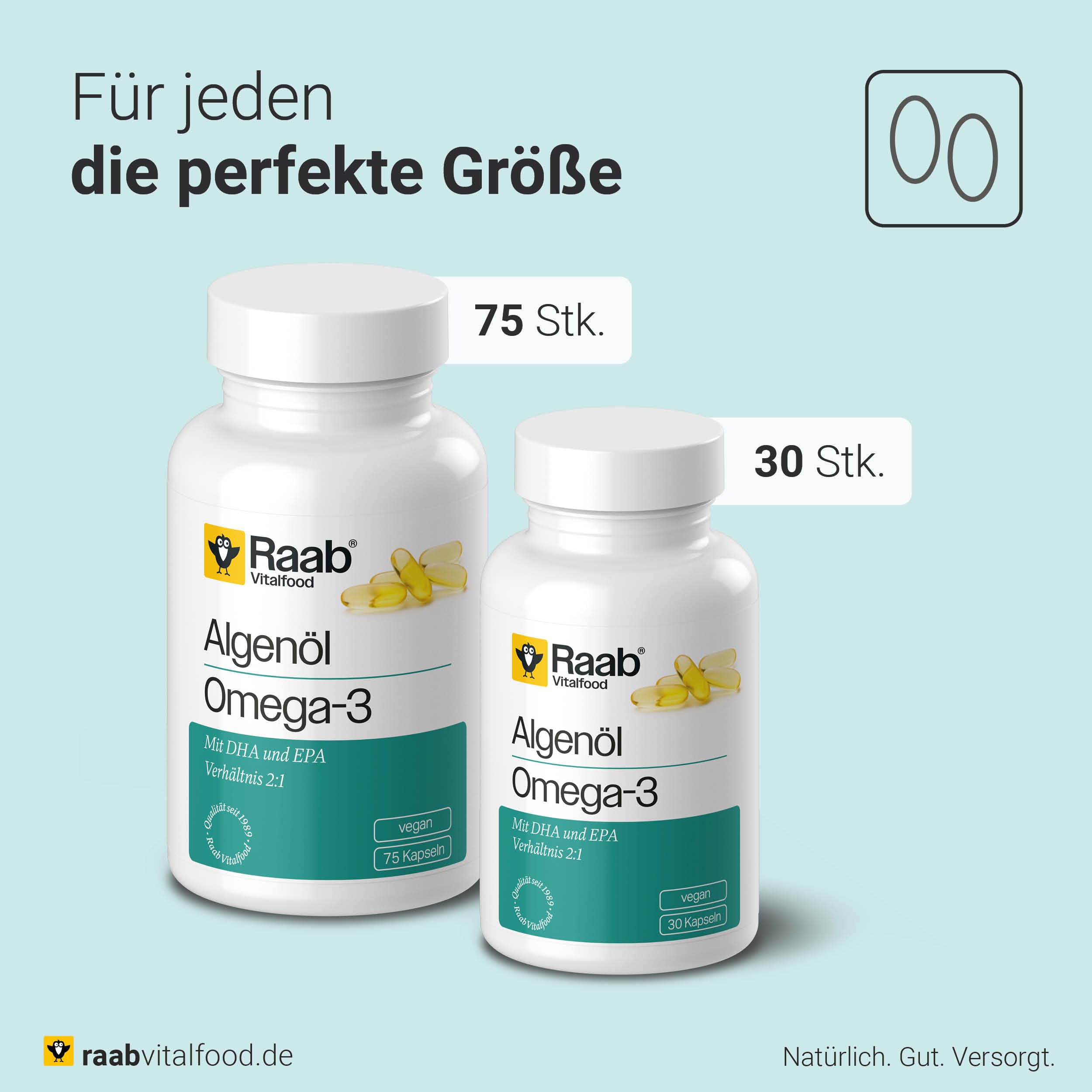 Raab Vitalfood® Algenöl Omega-3 Kapseln (75 Stück) - Omega-3 Vegan aus Algenöl, mit DHA und EPA (2:1), nachhaltige Alternative zu Fischöl, Omega-3 Fettsäuren DHA 250 mg und EPA 125 mg pro Kapsel