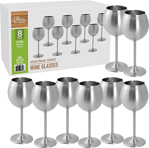 D'Eco Copas de vino irrompibles de acero inoxidable de 12 onzas (paquete de 8) copas de vino de color plata mate con tallo grande, vasos