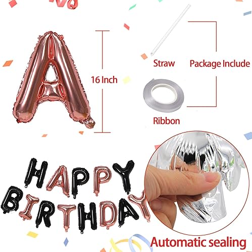 Miniatura 5 de KALOR Pancarta de Globos Feliz Cumpleaños Negro y Oro Rosa, Letrero de Globos de Papel de Aluminio Mylar de 16 Pulgadas para Decoraciones de Fiesta