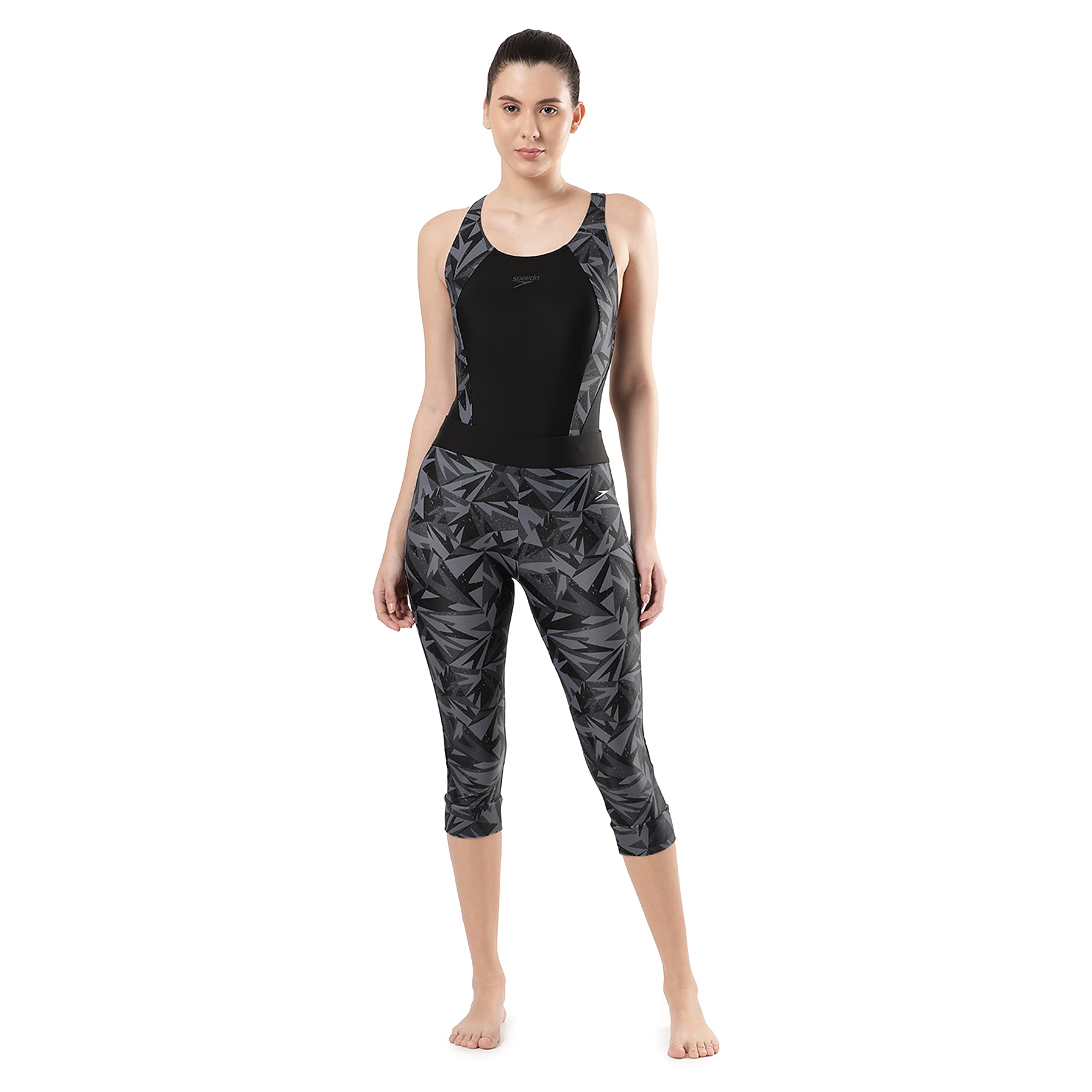 Speedo Women's Printed Contrast Swim Capri - Black & Oxid Grey 3