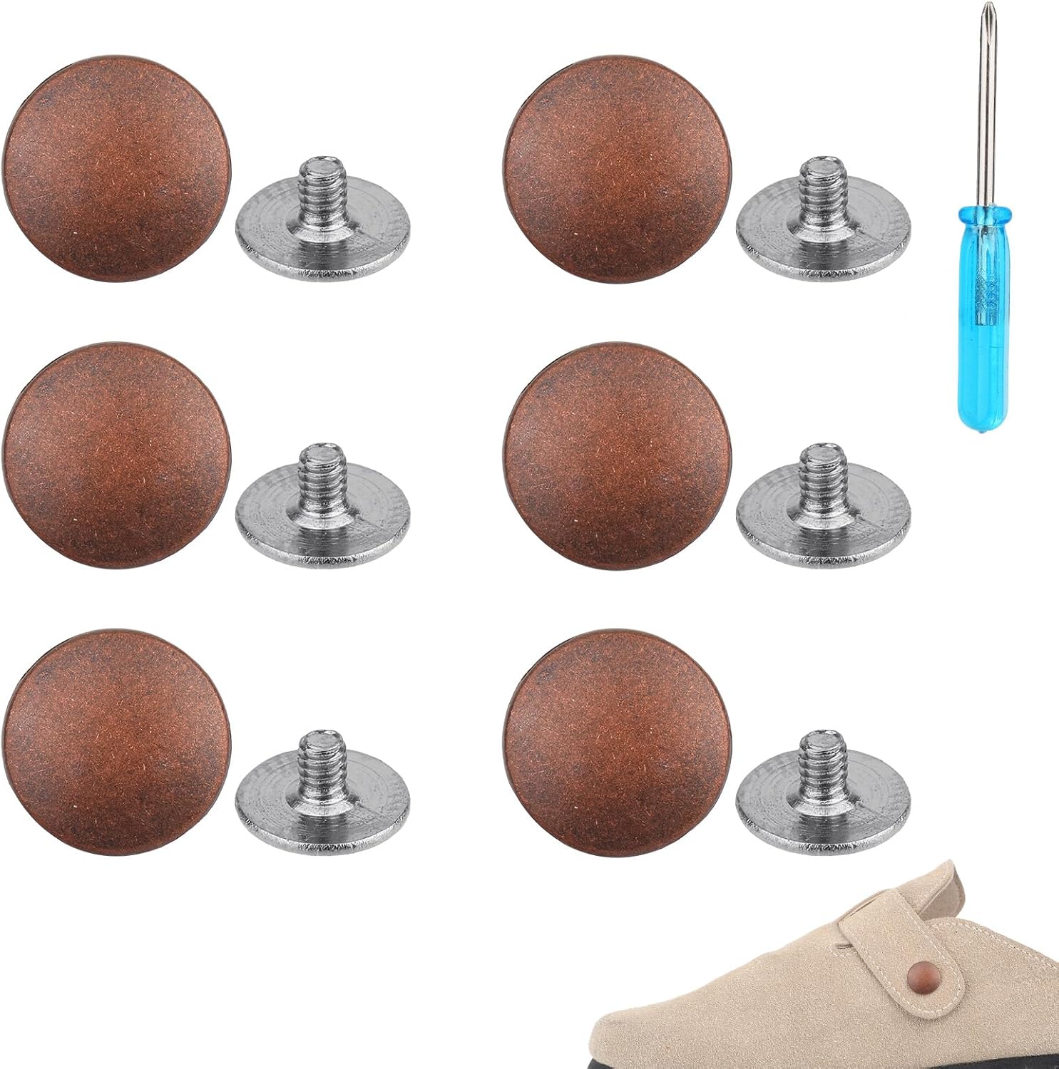6pcs Replacement Rivets for Boston Clogs Shoes, Easy to Install Zinc Alloy Rivet Parts Buttons with Screwdriver for Birkenstock Women Men Classic Leather Cork Suede Clogs for Potato Shoes Bronze