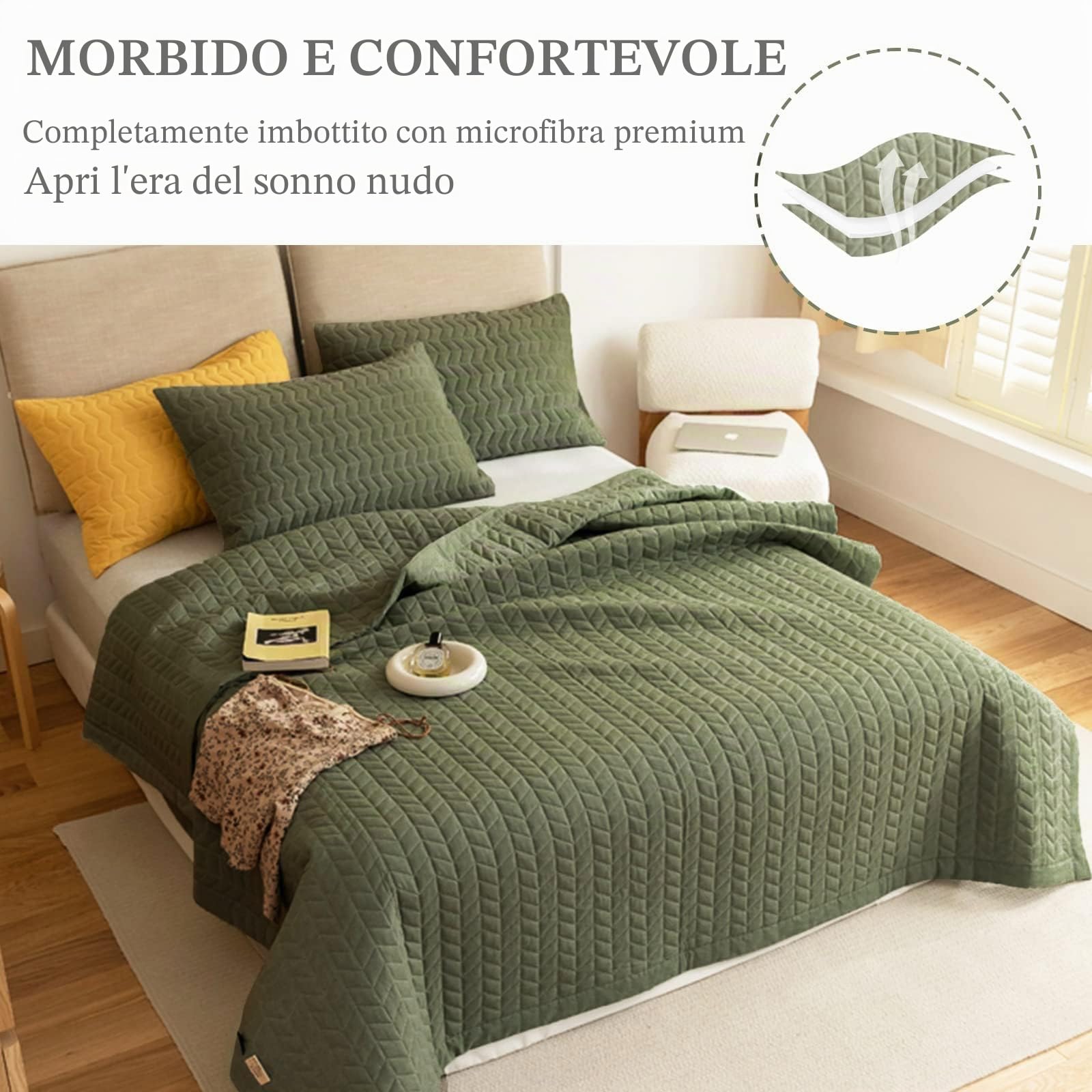 Lunoroey Set Copripiumino Matrimoniale Verde Morbido Microfibra Leggero Trapuntato Copripiumino per Tutte le Stagioni (1 Trapunta, 2 Federe)