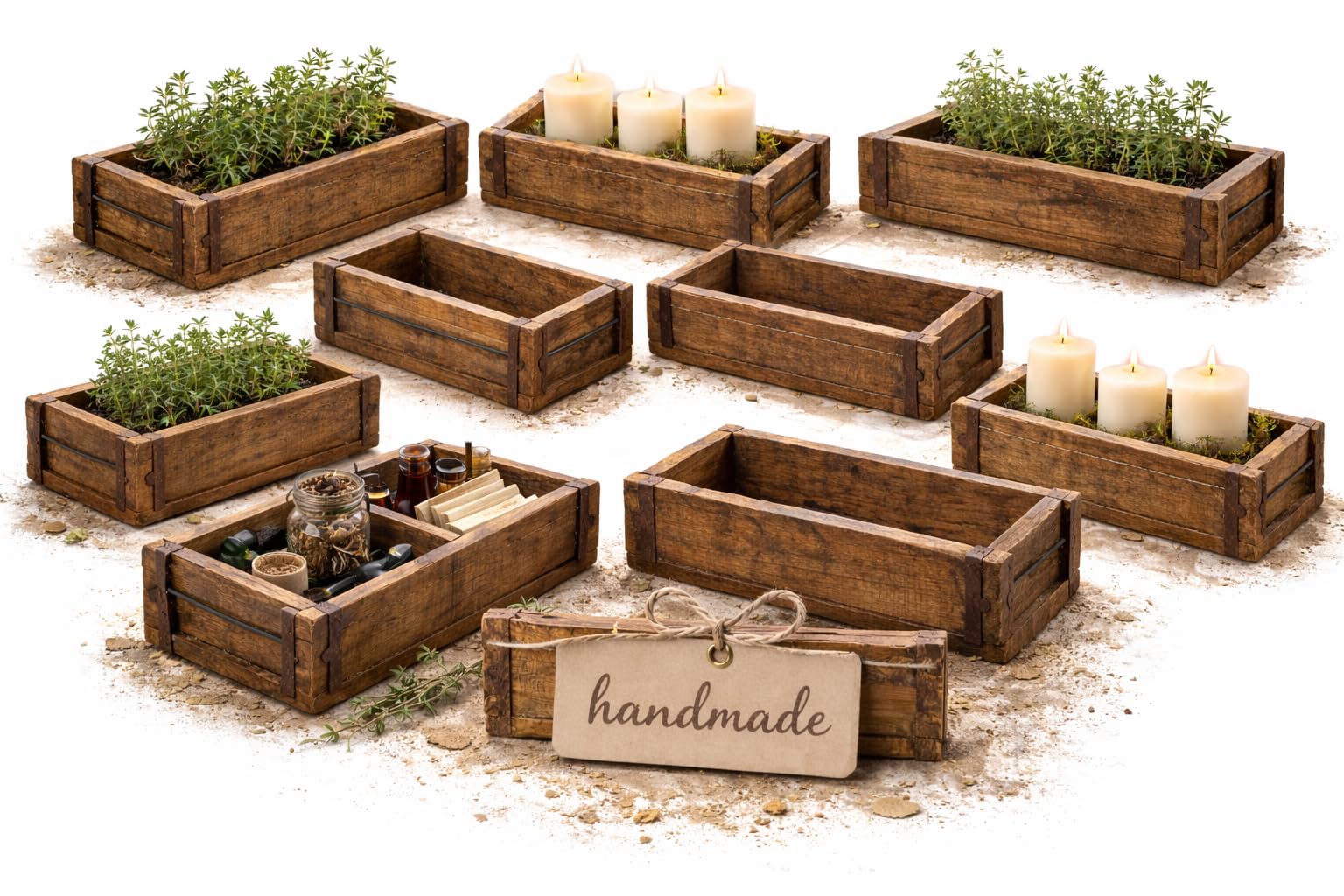 MC-Trend Pack of 10 Wooden Brick Shapes - Rustic Wooden Box for Planting - Reclaimed Wood Flower Box - Brick Mould with Metal Fittings - Each Piece is Unique - Wooden Goat Shape