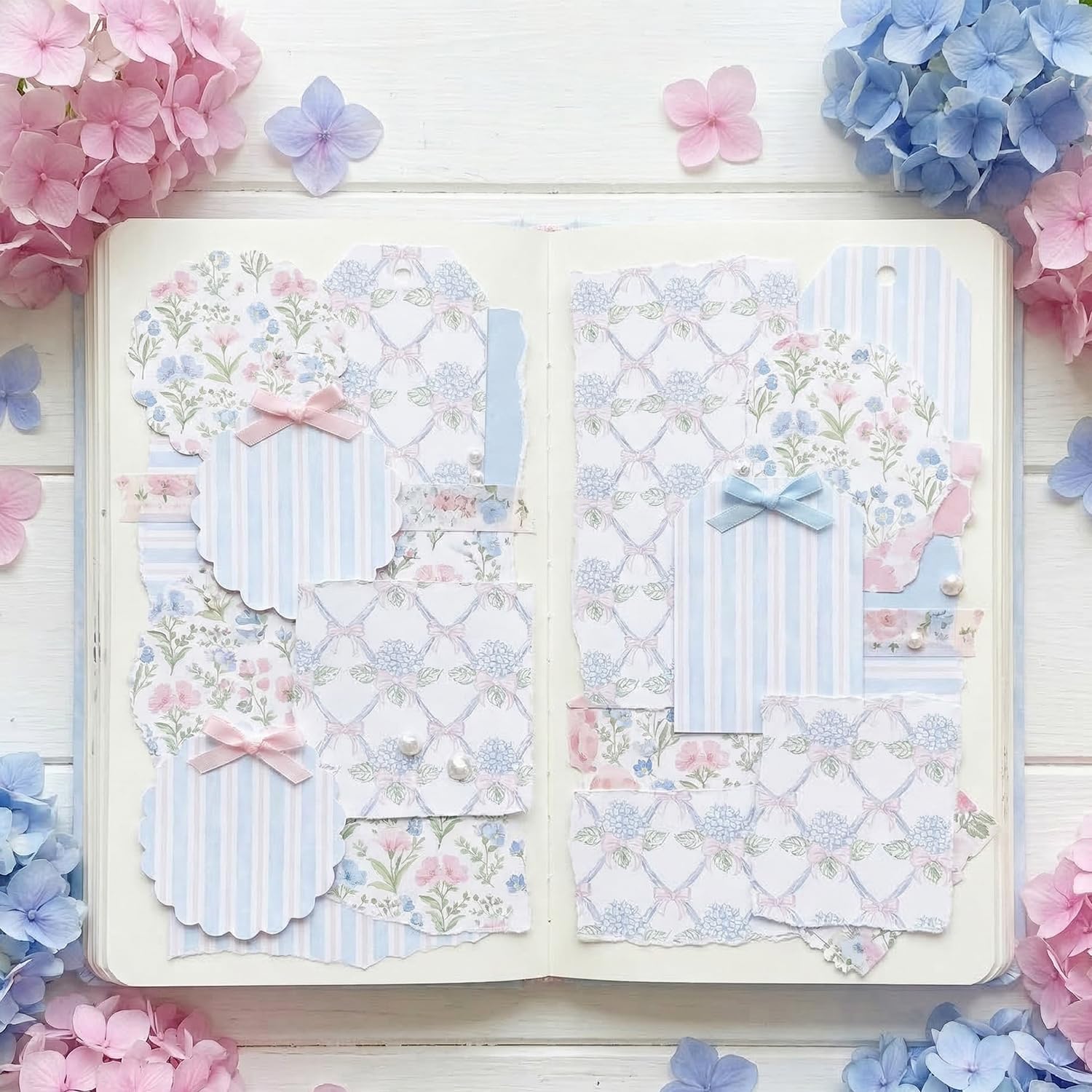 24 Sheets Hydrangea Floral Pattern Paper - 12 x 12In, Double-Sided Scrapbook Craft Designs, Vintage Blue Pink Flower Bow Decorative Sheets for Card Making Photo Album Journal DIY Crafts