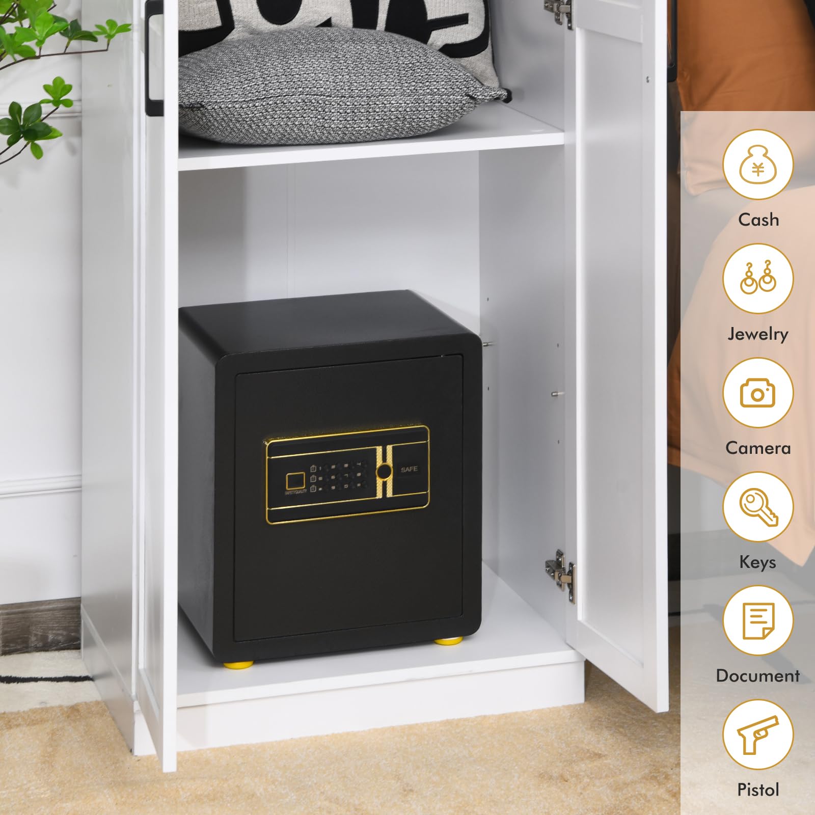 LIFEZEAL Cassaforte a Armadio, 38 L, Cassaforte a Muro, 5 Ganci, Ripiano Rimovibile, Serrature a Combinazione Elettronica + Chiave, Allarme, Anti Pigolio, Acciaio, 36x31x41 cm