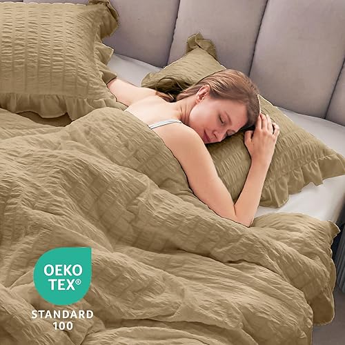 Miniatura 177 de JOLLYVOGUE - Juego de edredón tamaño queen, de 3 piezas, estilo seersucker, ligero y esponjoso para todas las estaciones, con 1 edredón con volantes