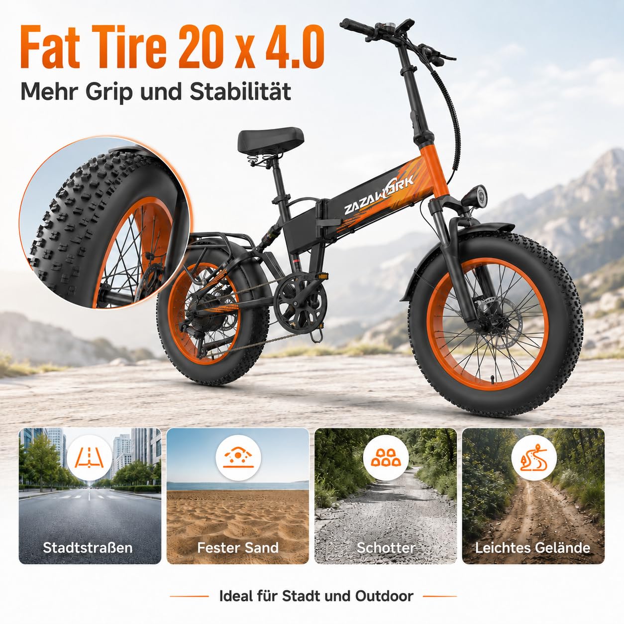 20 Zoll Fat Tire E Bike Klapprad, mit 48V 20Ah Akku Bis zu 120KM, 60 Nm Geeignet für jedes Gelände, 7-Gang, Vollfederung, hydraulische Scheibenbremsen, Elektrofahrrad für Herren und Damen,