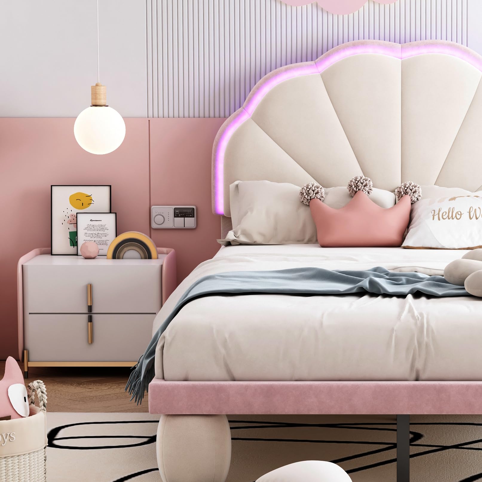 Cama tapizada LED para niños: cama individual de terciopelo en beige y rosa, 90 x 200 cm, con cabecero ondulado, tiras de luz que cambian de color y patas acolchadas, habitación infantil de cuento de