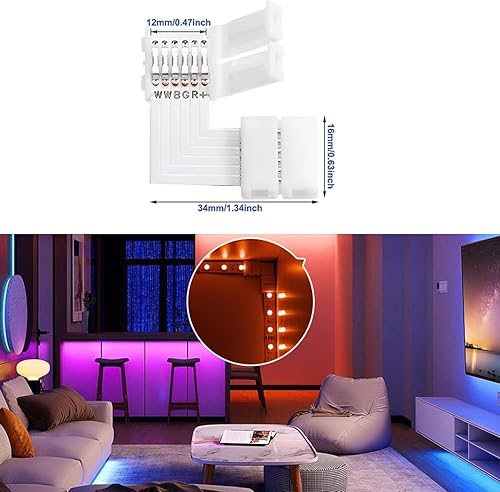 Miniatura 4 de 10 unids 6 pines en forma de L conector sin soldadura LED tira de luz, RGBWW 12MM ángulo recto esquina sin soldadura conexión para SMD 5050 RGBCCT