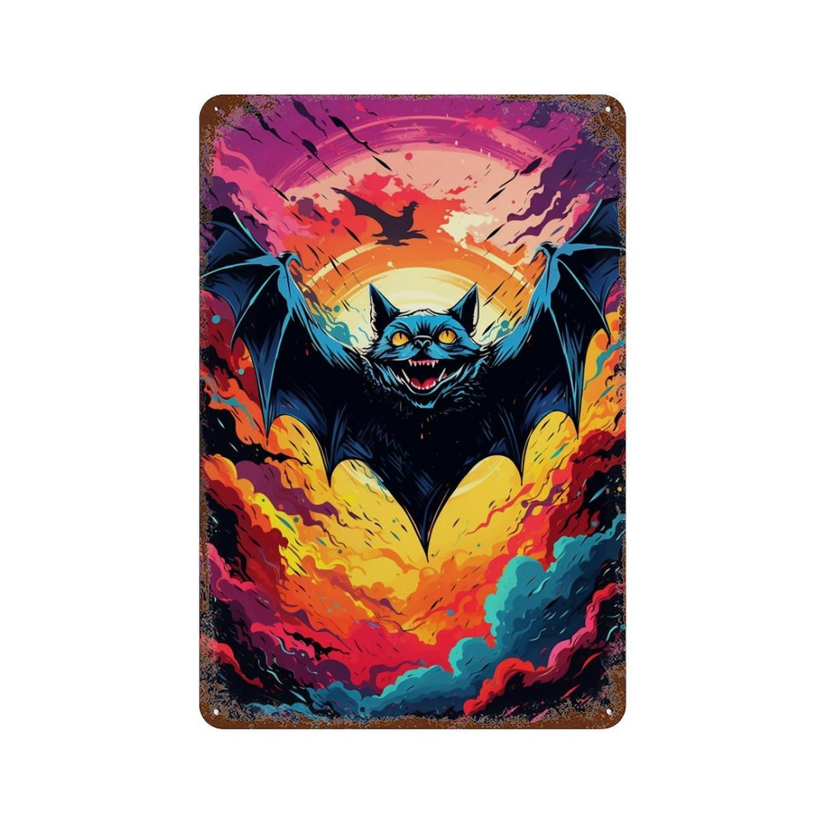 Colorful Bat Sunset Artwork Vintage Rust Metal Sign 11.8"x7.9", for Basement, Hobby Room And Garage Decor, Retro Wall Decor