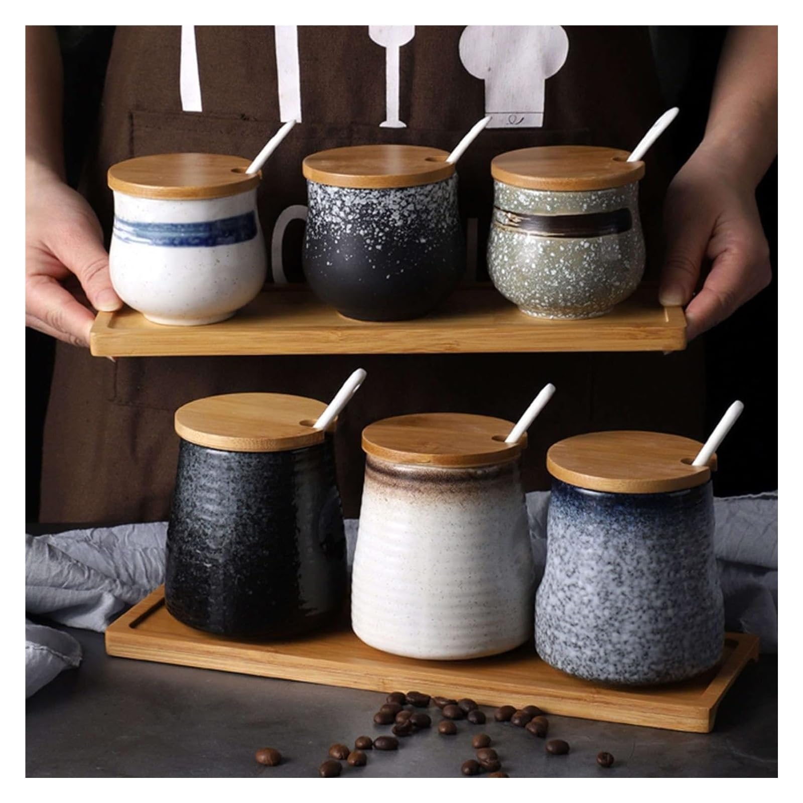 Sucrier, sucrier, sucrier japonais avec couvercle, pot de rangement en céramique rétro, petit pot à sucre, pot à épices for récipient à sucre, for café-bar, restaurant,(F)