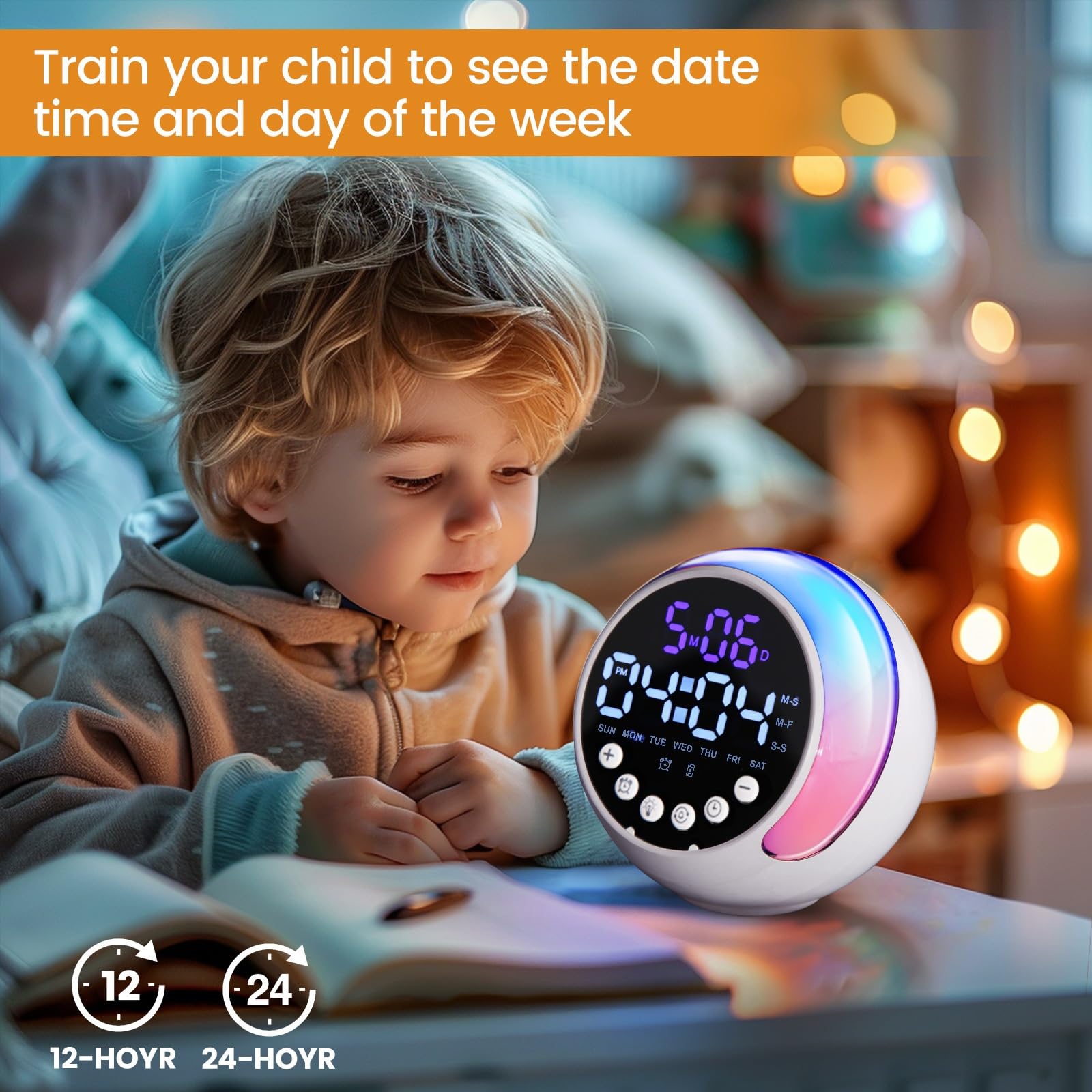 Sonnenaufgang-Wecker mit Farbwechselndem Nachtlicht, 13 Dynamischen Modi und 5 Helligkeitsstufen, Digitaler Wecker für Schlafzimmer, Kinderzimmer, Timer, Kompaktes Design