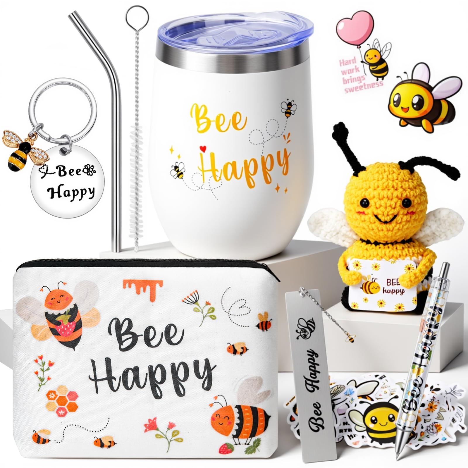 SelfTek Regalos de abeja para mujeres: el juego de regalo de abeja incluye vaso de acero inoxidable de 12 onzas, abeja de ganchillo, bolsa de cosméticos, llavero, marcapáginas, calcomanías para