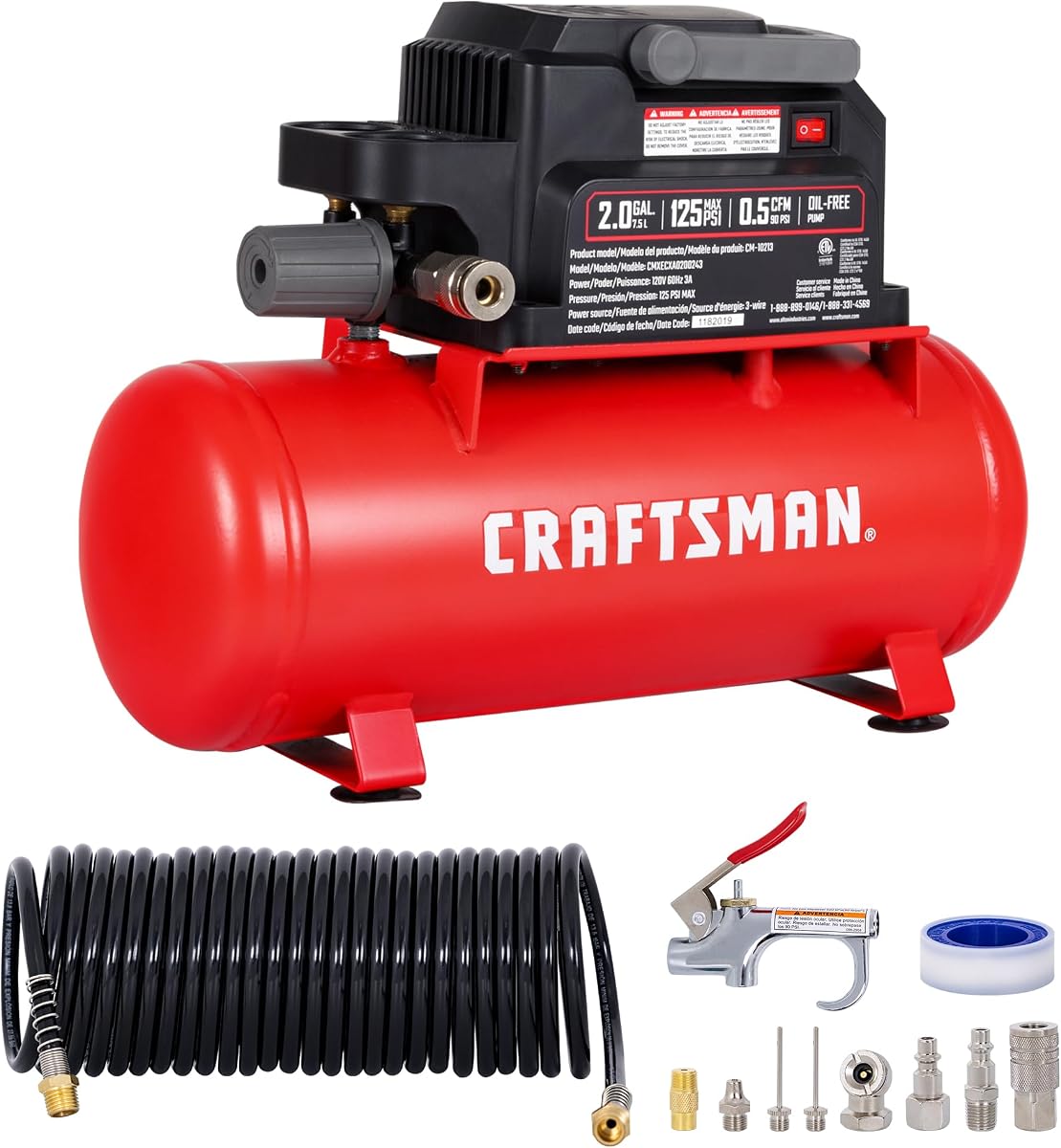 Craftsman 2 Gallon Portable Air Compressor, 1/3 HP 125 PSI Max Oil-Free Air Compressor with 11 Piece Accessory Kit, Compact Hot Dog Tank for Home DIY, Tire Inflation, Nailing, CMXECXA0200243A