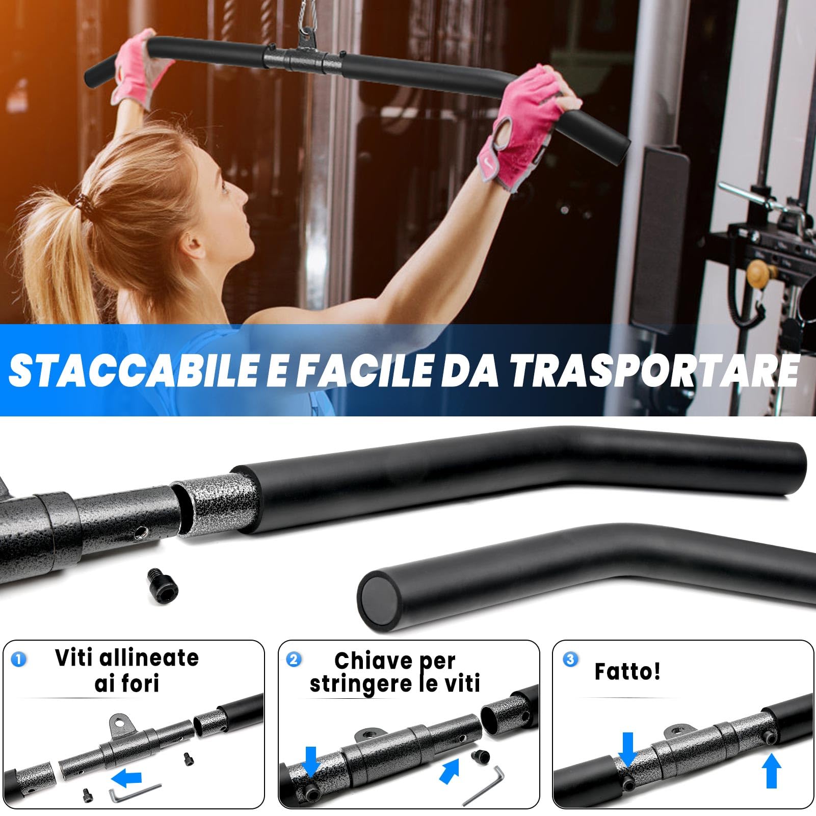 Barra LAT Machine, Sbarra LAT Machine Accessori in Acciaio con Impugnatura Nero in Schiuma Eva, Dorsali Schiena Spalle Bicipiti Tricipiti Asta LAT Machine Attrezzi Palestra in Casa