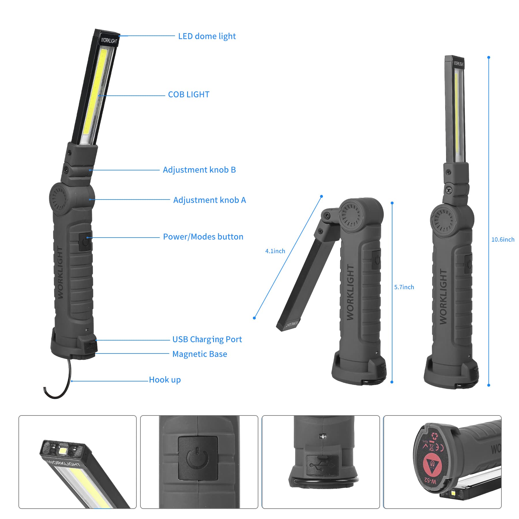 Suranew Led-zaklamp, werklamp, werkplaatslamp, COB inspectielampen, oplaadbaar, met haak om op te hangen en magnetische basis voor kamperen, wandelen en noodgevallen