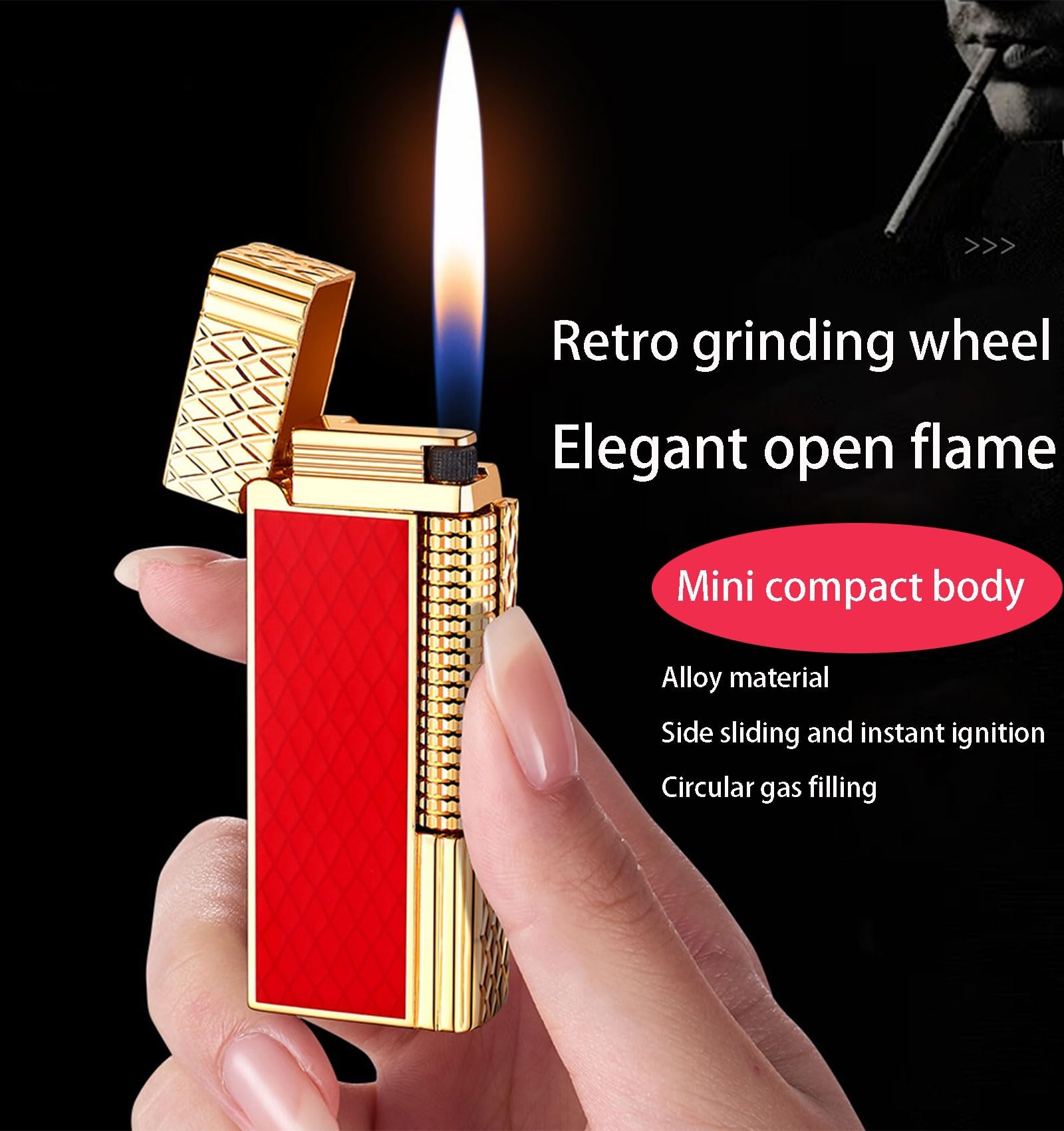 Briquet rechargeable en métal avec allumage à roue latérale – Coffret cadeau et accessoires de pierre à feu inclus (carburant non inclus)