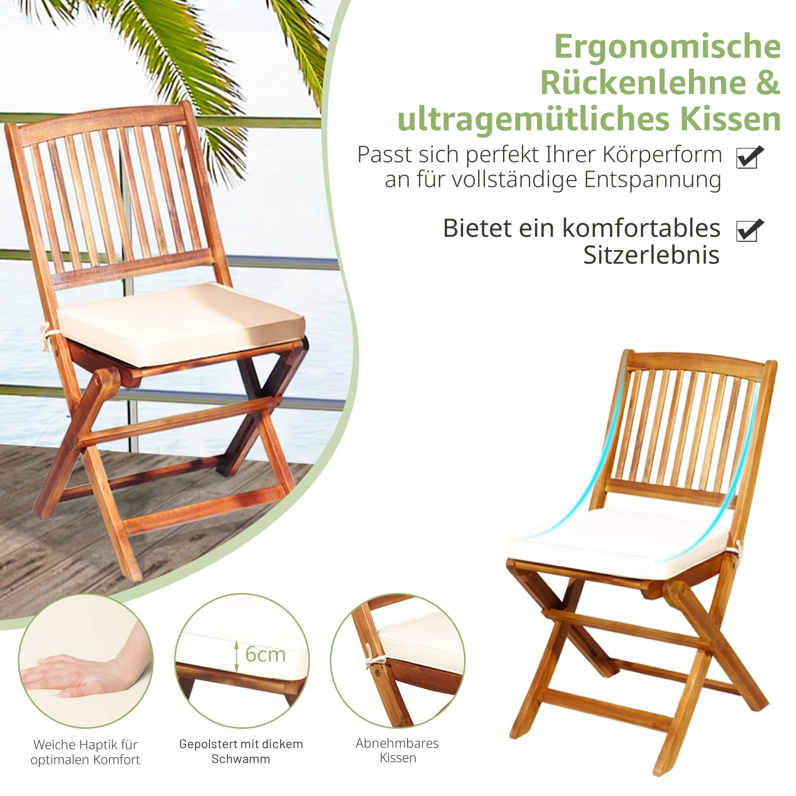 GIANTEX Balkonmöbel Kleiner Balkon, Runder Bistrotisch mit 2 Stühlen klappbar, Gartenmöbel Set Holz 3 teilig, Balkonset Bistroset Outdoor, Terrassenmöbel 2 Personen, Garten Sitzgruppe mit Kissen