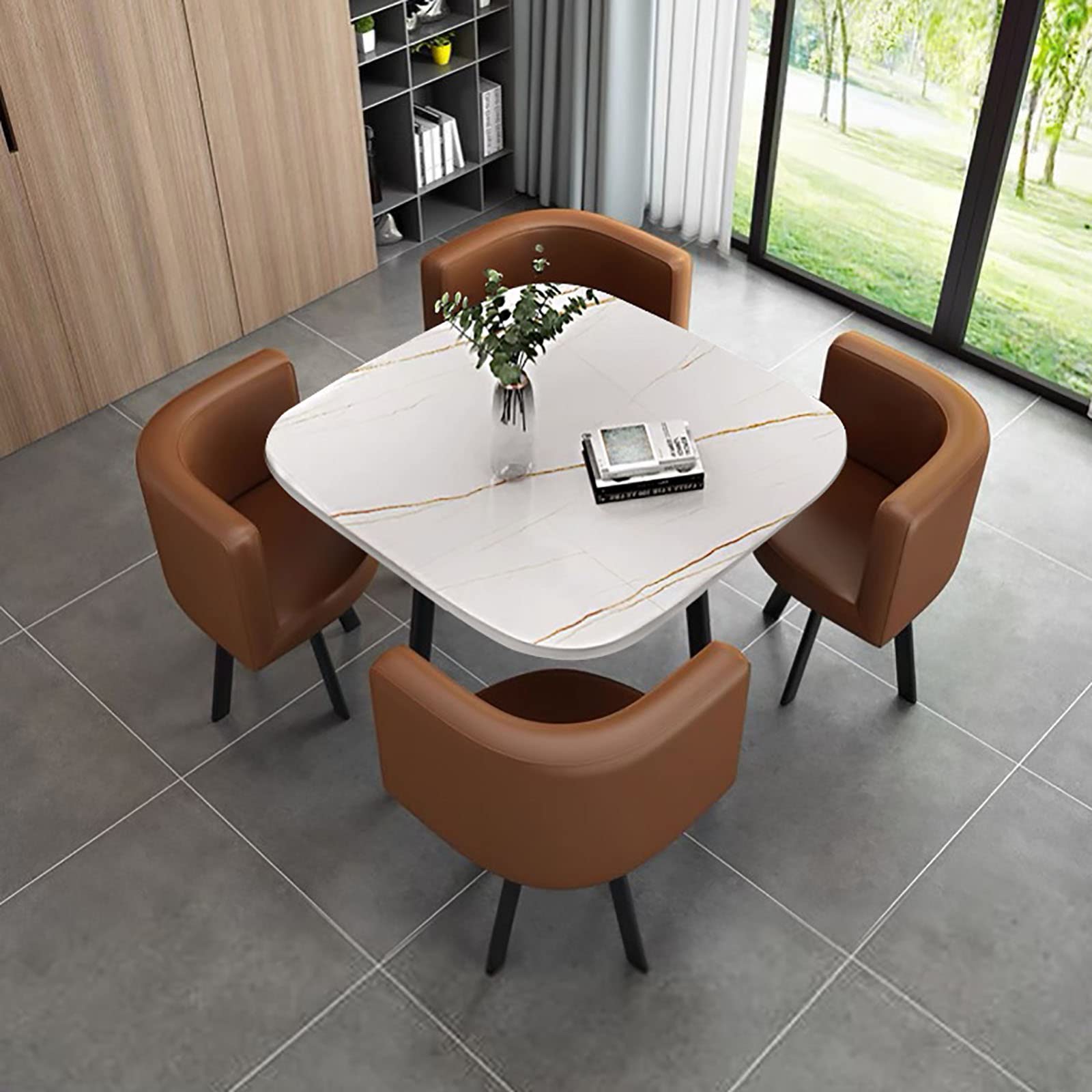 OLSKFUH Modern Round Dining Table Set With 4 Chairs For Business Meetings And Office Conference Small Round Coffee Table And Chair Combination Pu 6,Pu-35-80 * 80 * 73cm