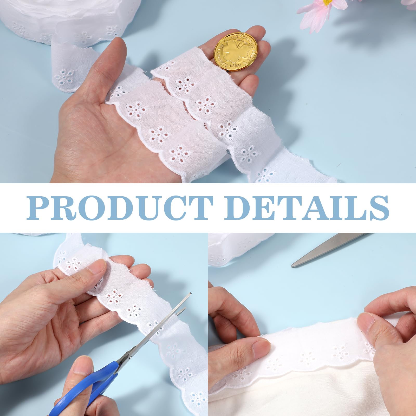 Amazon.com: 15 Yards Lace Trim White Cotton Eyelet Floral Lace Ribbon  Embroidery Ruffle Laces Trim for Sewing Dress Clothes Dolls & Pets Clothes