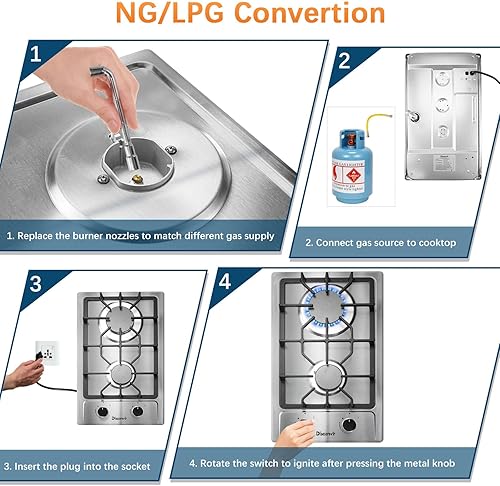 Miniatura 7 de Placa de cocina de propano de 2 quemadores, estufa de gas de acero inoxidable de 12 pulgadas para combustible dual GLPNG, quemador de gas portátil